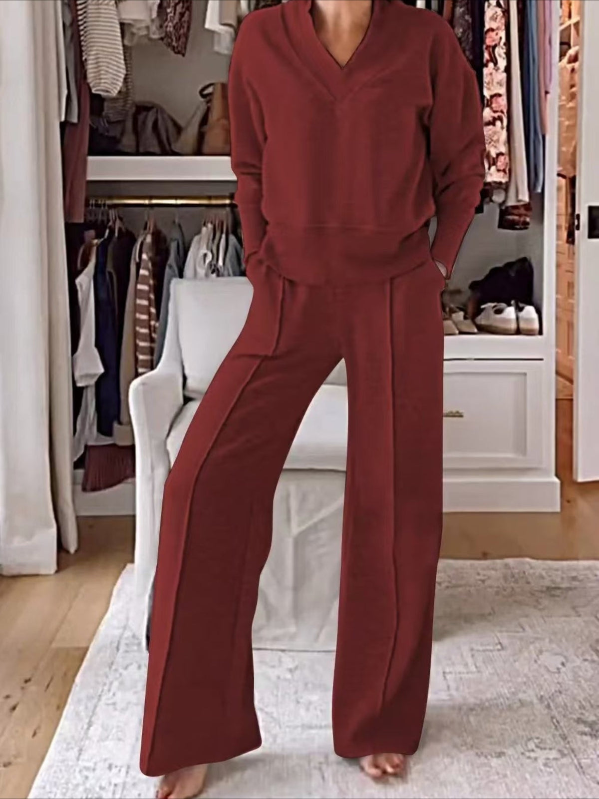 Split Joint Plain Daily Going Out Casual Spring/Fall Top With Pants Matching Two-Piece Set