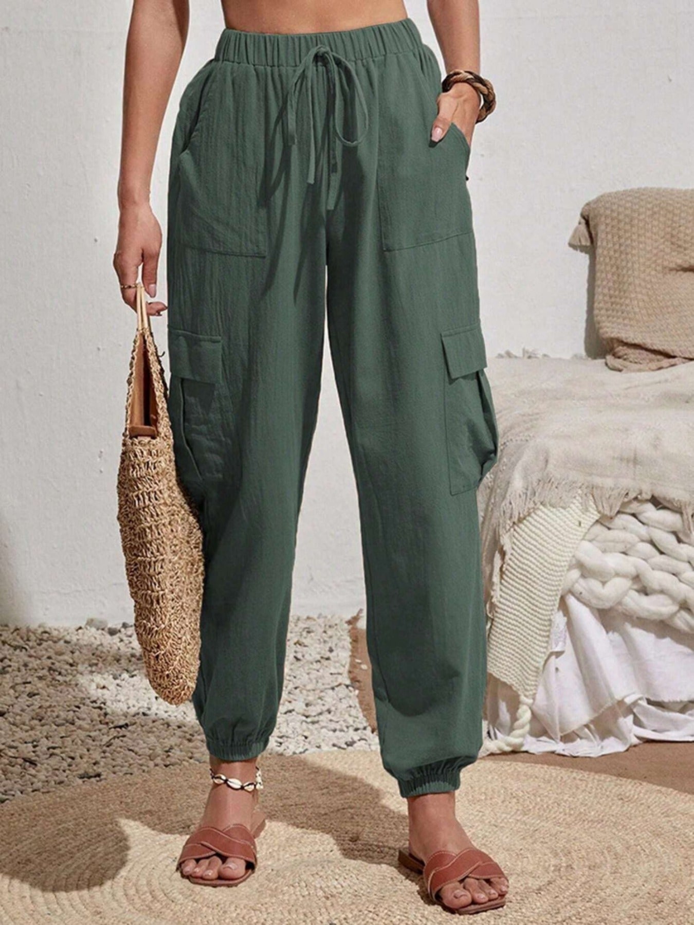 Solid Drawstring Pants, Casual Slant Pockets Cargo Pants
