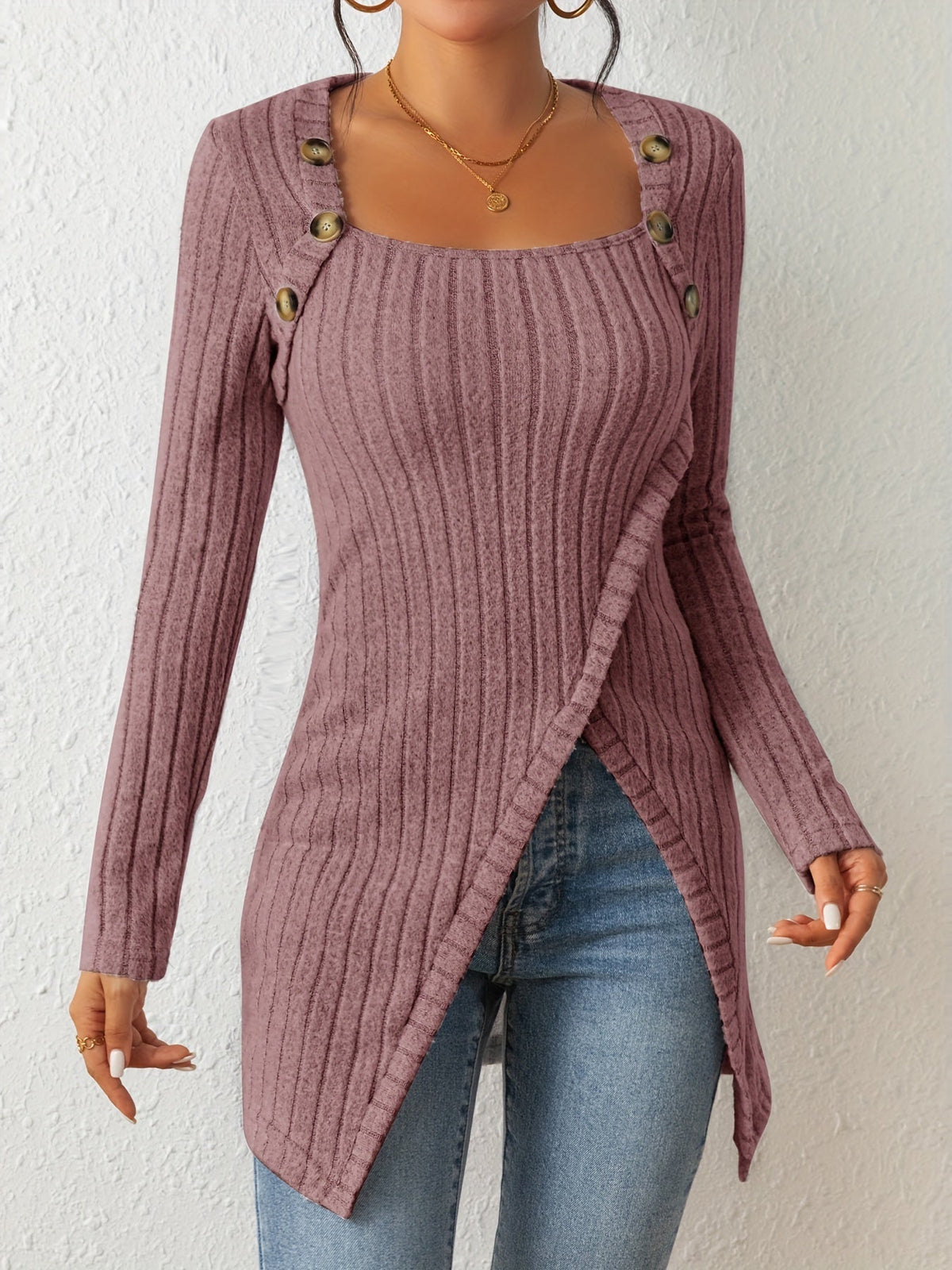 Button Decor Asymmetrical Hem T-Shirt, Casual Ribbed Long Sleeve Top