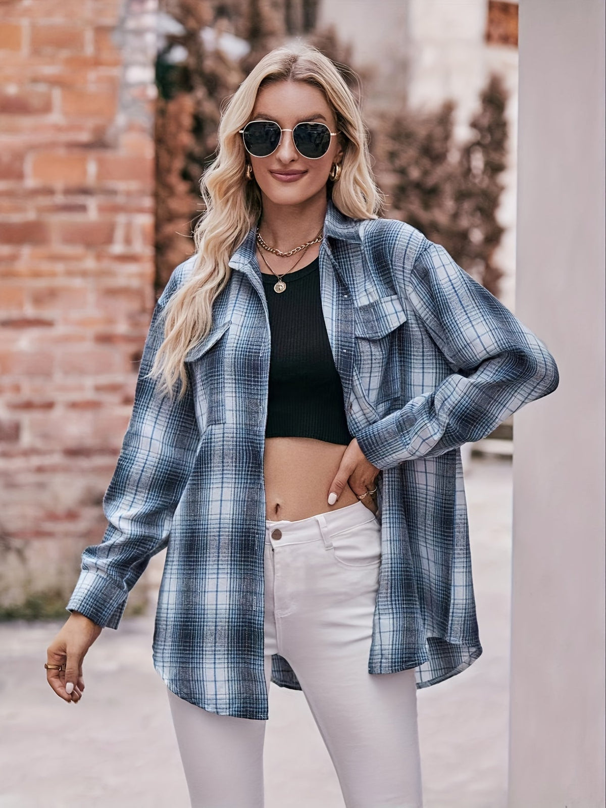 Plaid Print Polo Collar Button Shirt, Casual Long Sleeve Shirt