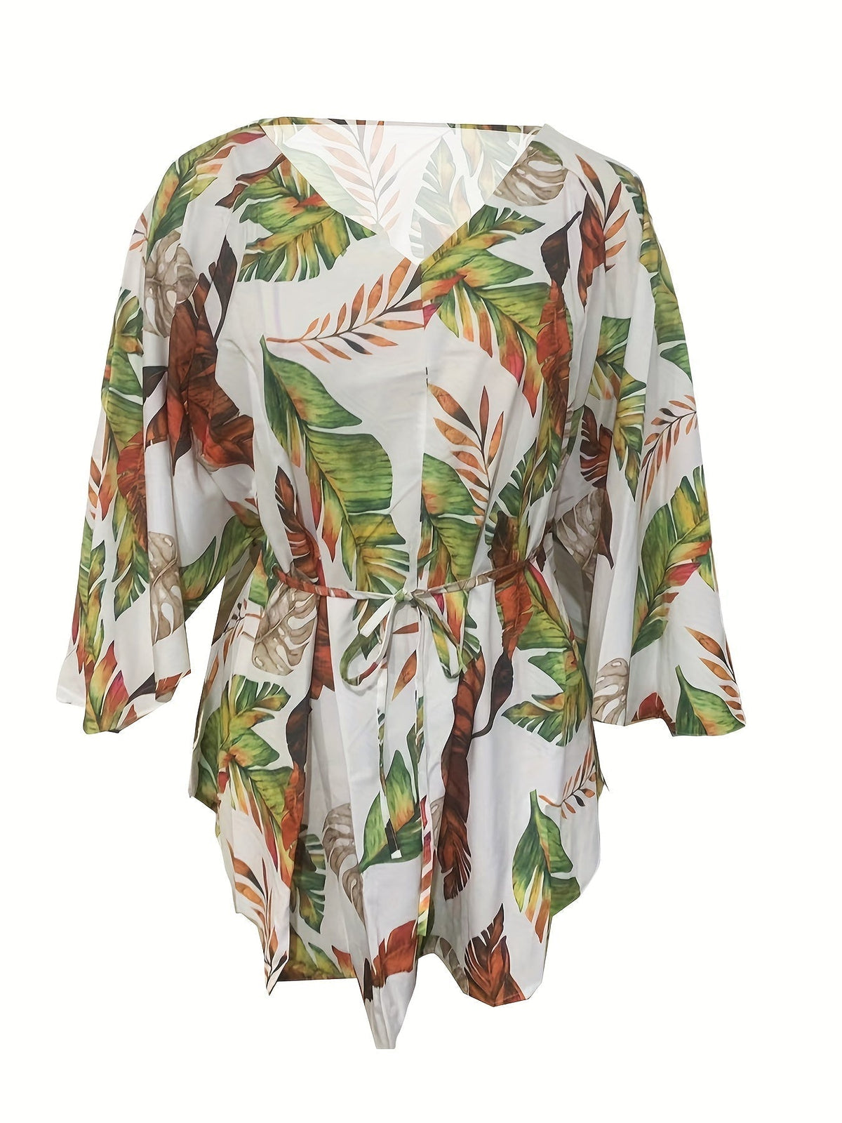 Full Printed V Neck Dress, Casual Tie Waist Batwing Sleeve Dress