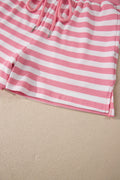 Pink Stripe Puff Short Sleeve T Shirt Matching Shorts Set
