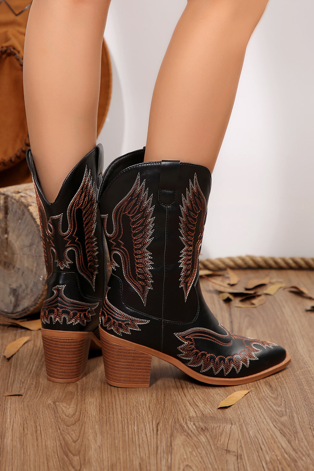 Black Western Eagle Embroidered Faux Leather Boots