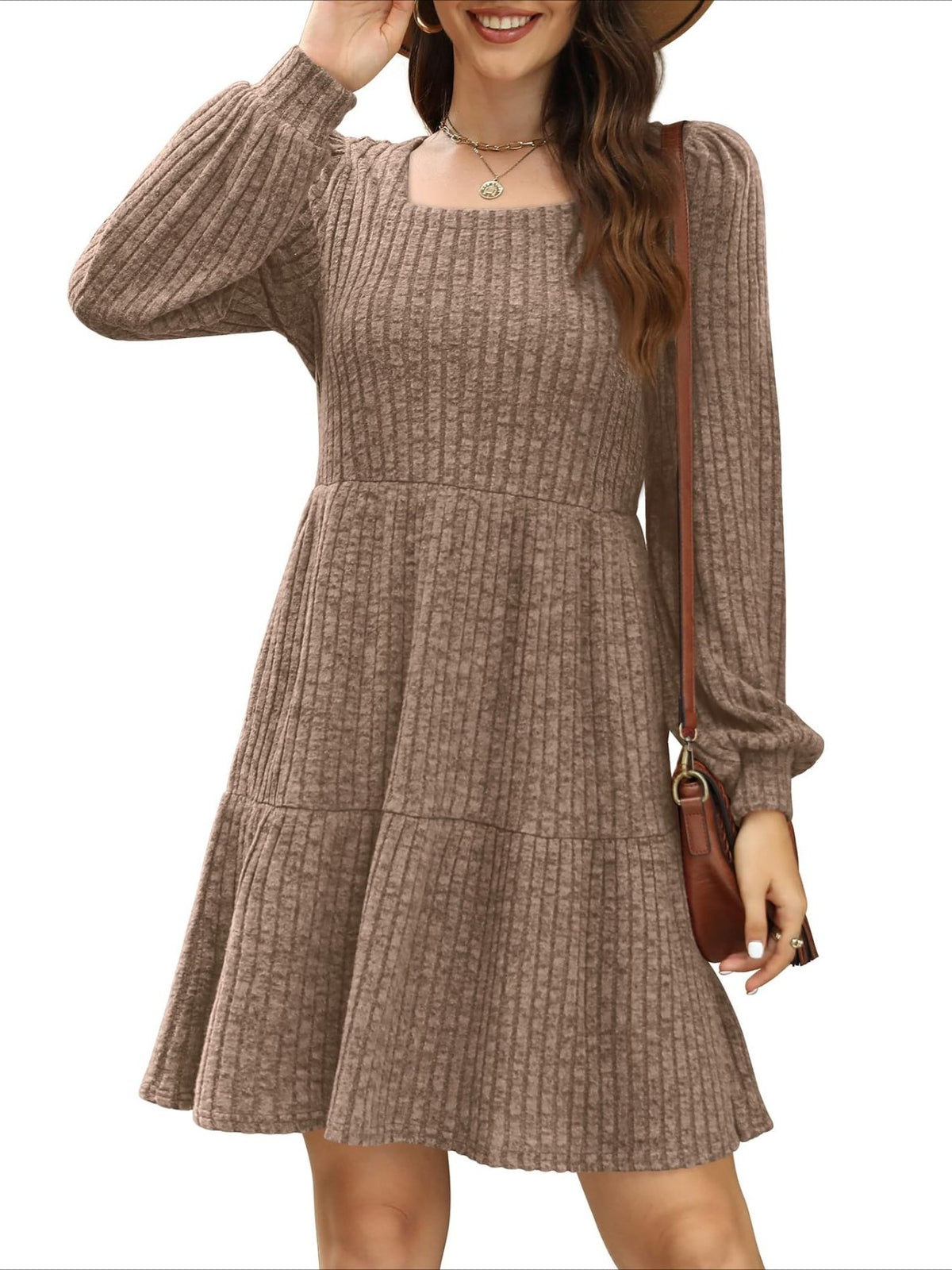 Square Neck Long Sleeve Dress with Pockets