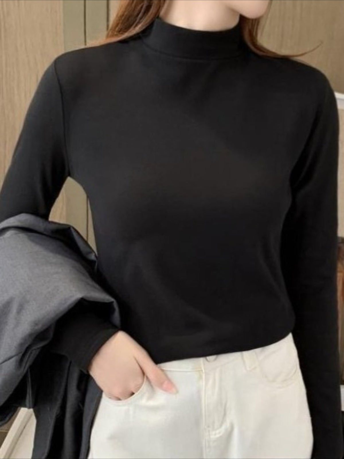 Casual Plain Half Turtleneck Skinny Soft Clouds T-shirt