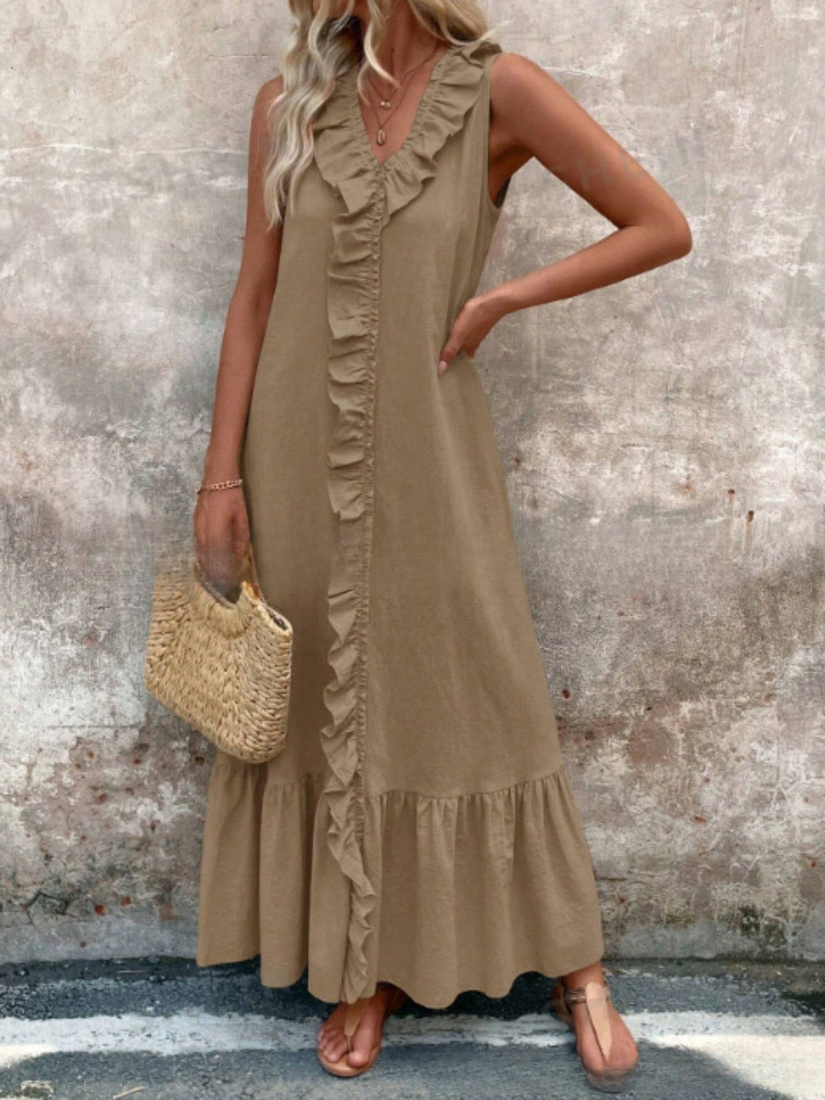 Sleeveless V-Neck Women's Elegant Green Ruffle Hem Midi Dress