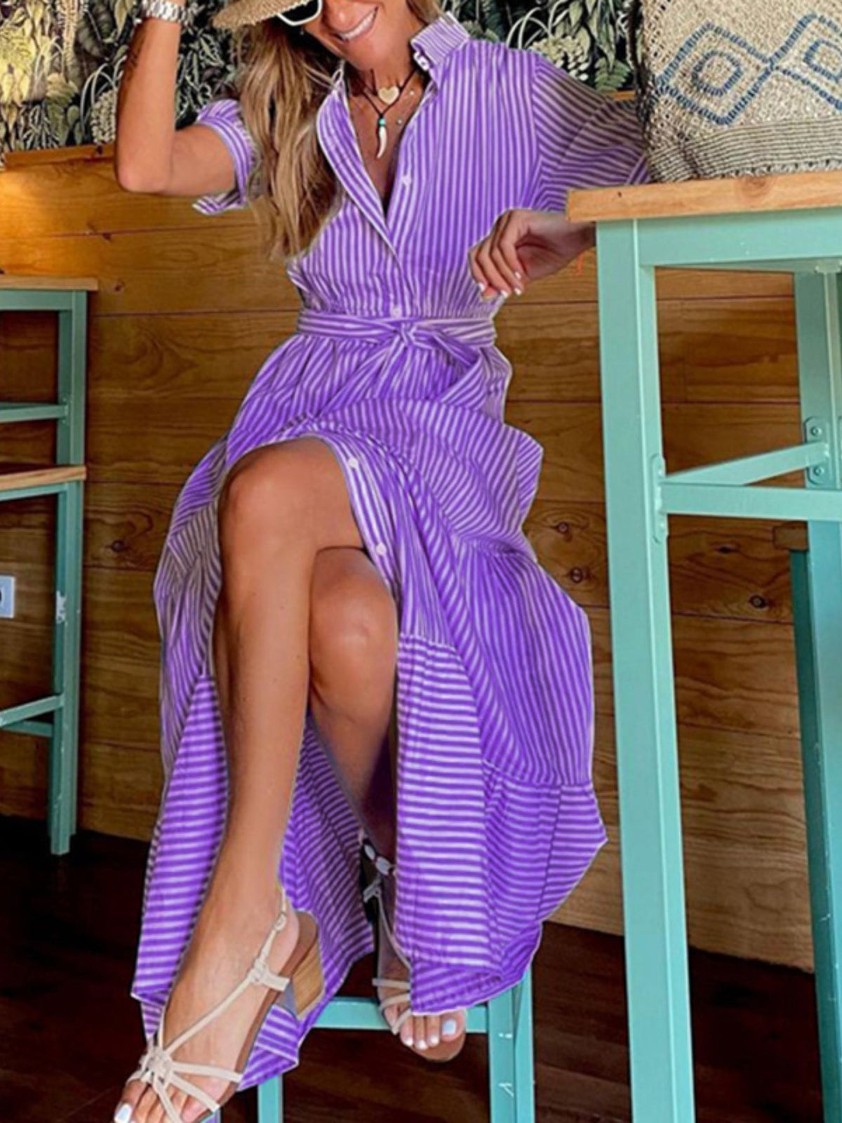 Button Front Short Sleeves Vibrant Striped Tunic Shirt Maxi Dress
