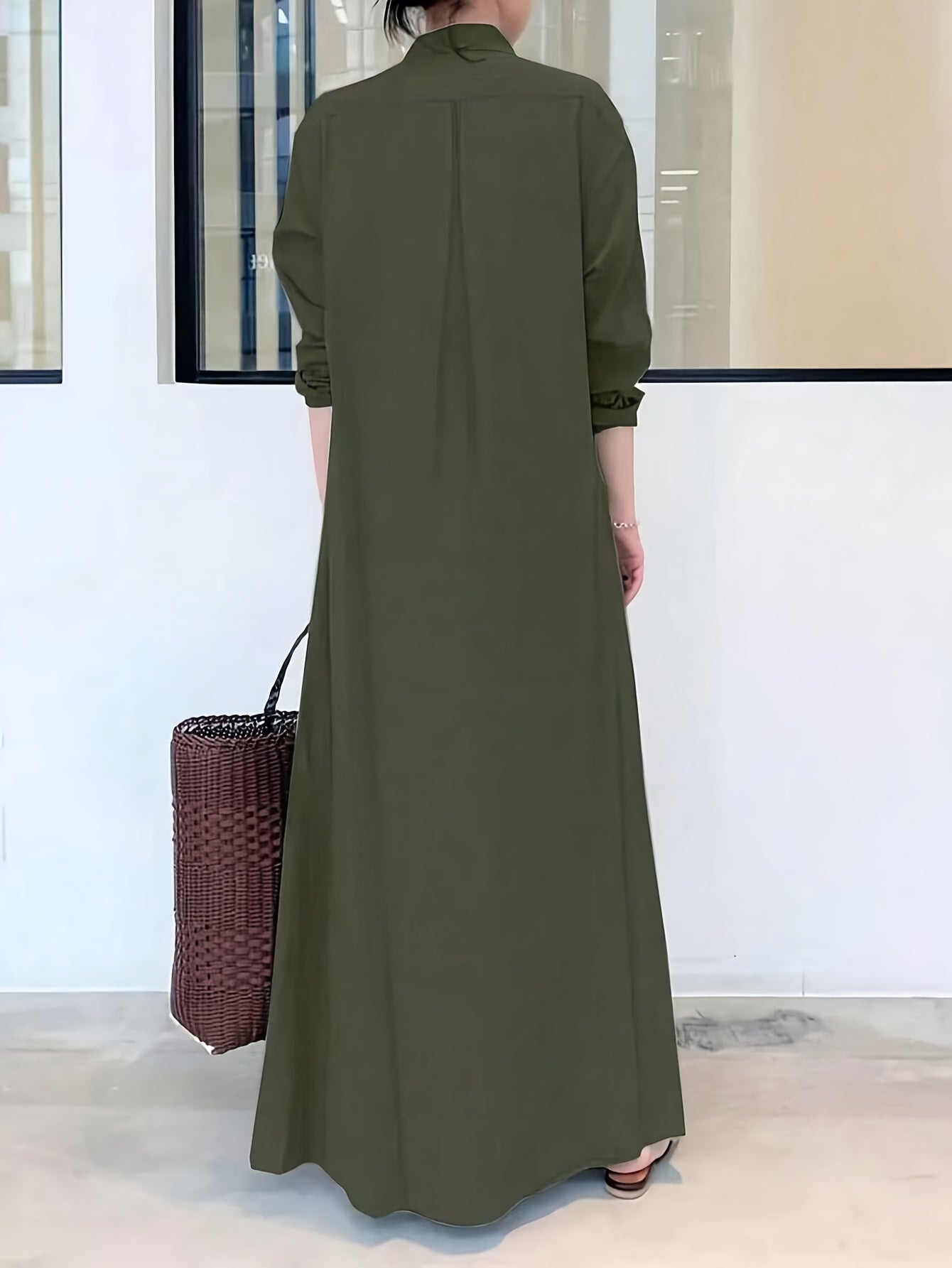 Solid Color Single Breasted Simple Dress, Elegant Long Sleeve Maxi Loose Dress