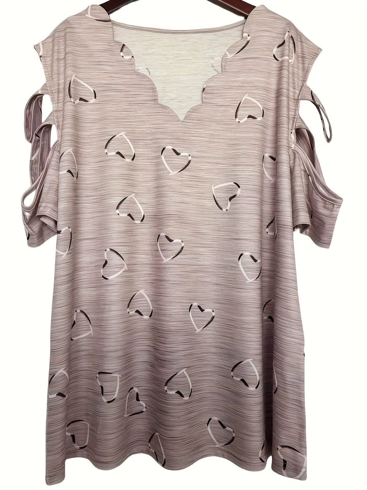 Short Sleeve Heart Print V-Neck T-Shirt with Cold Shoulder Design