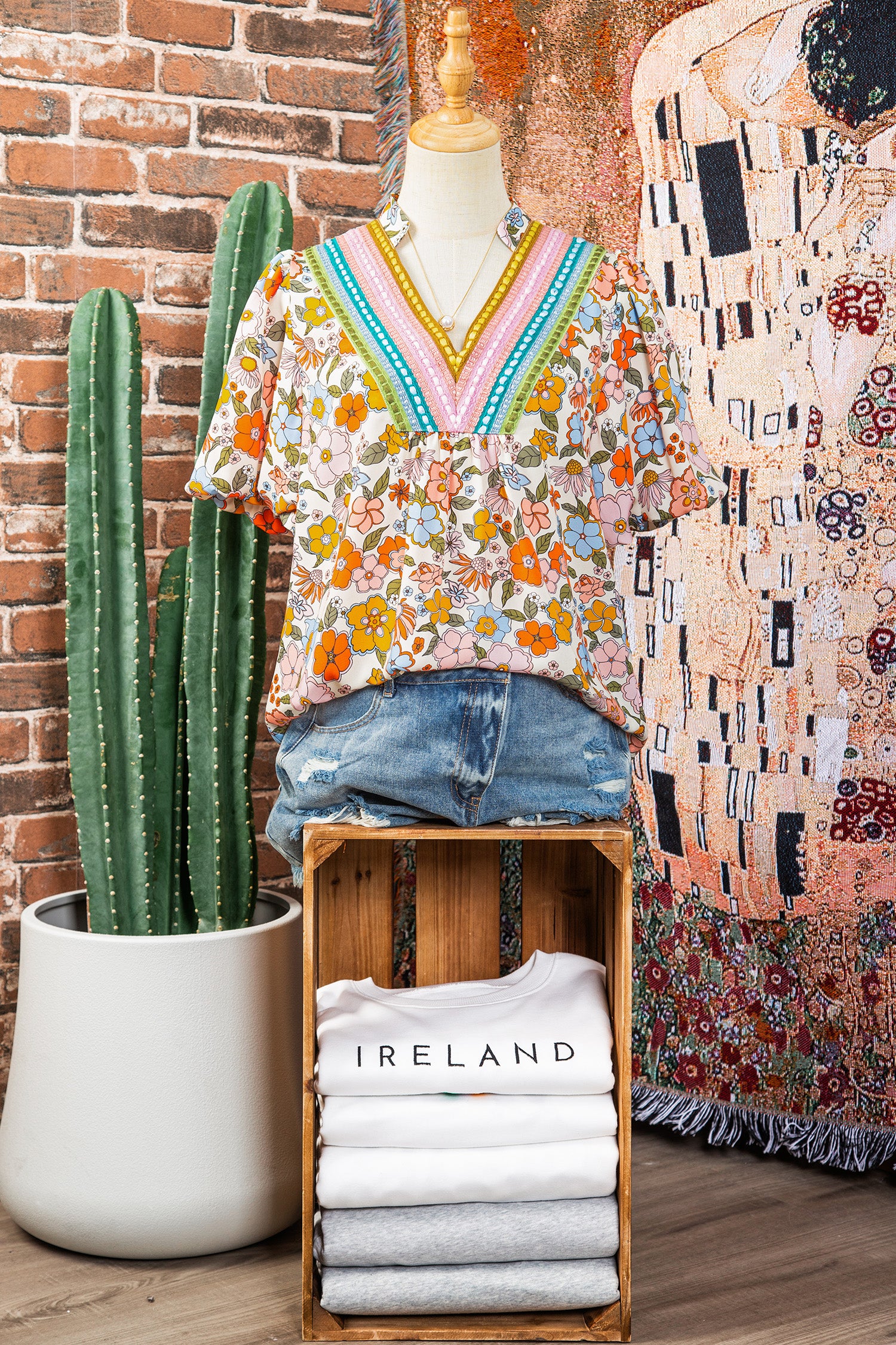 Multicolour Crochet V Neckline Puff Sleeve Boho Flower Blouse