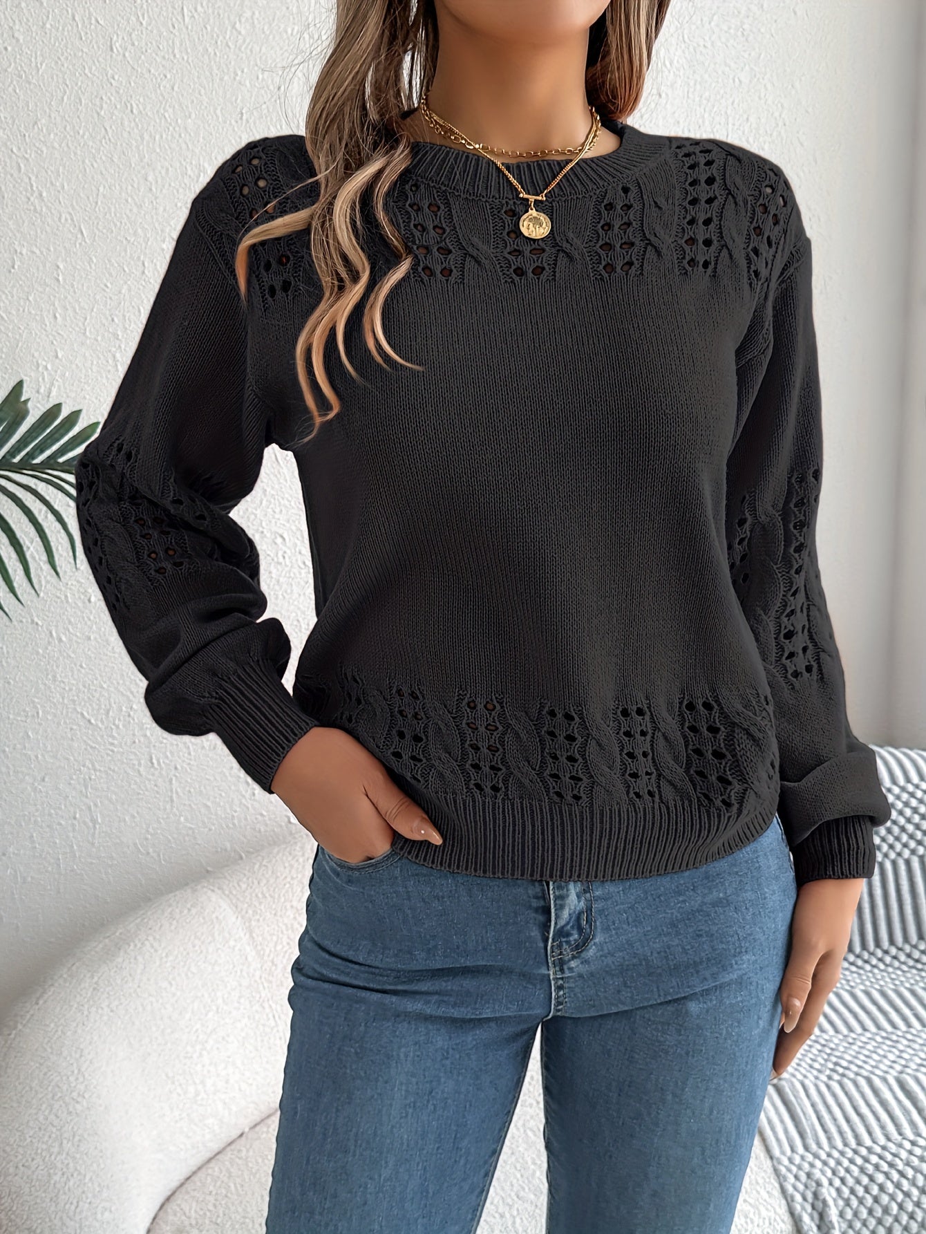 Pointelle Knit Solid Pullover Sweater, Casual Vacation Style Long Sleeve Crew Neck Sweater