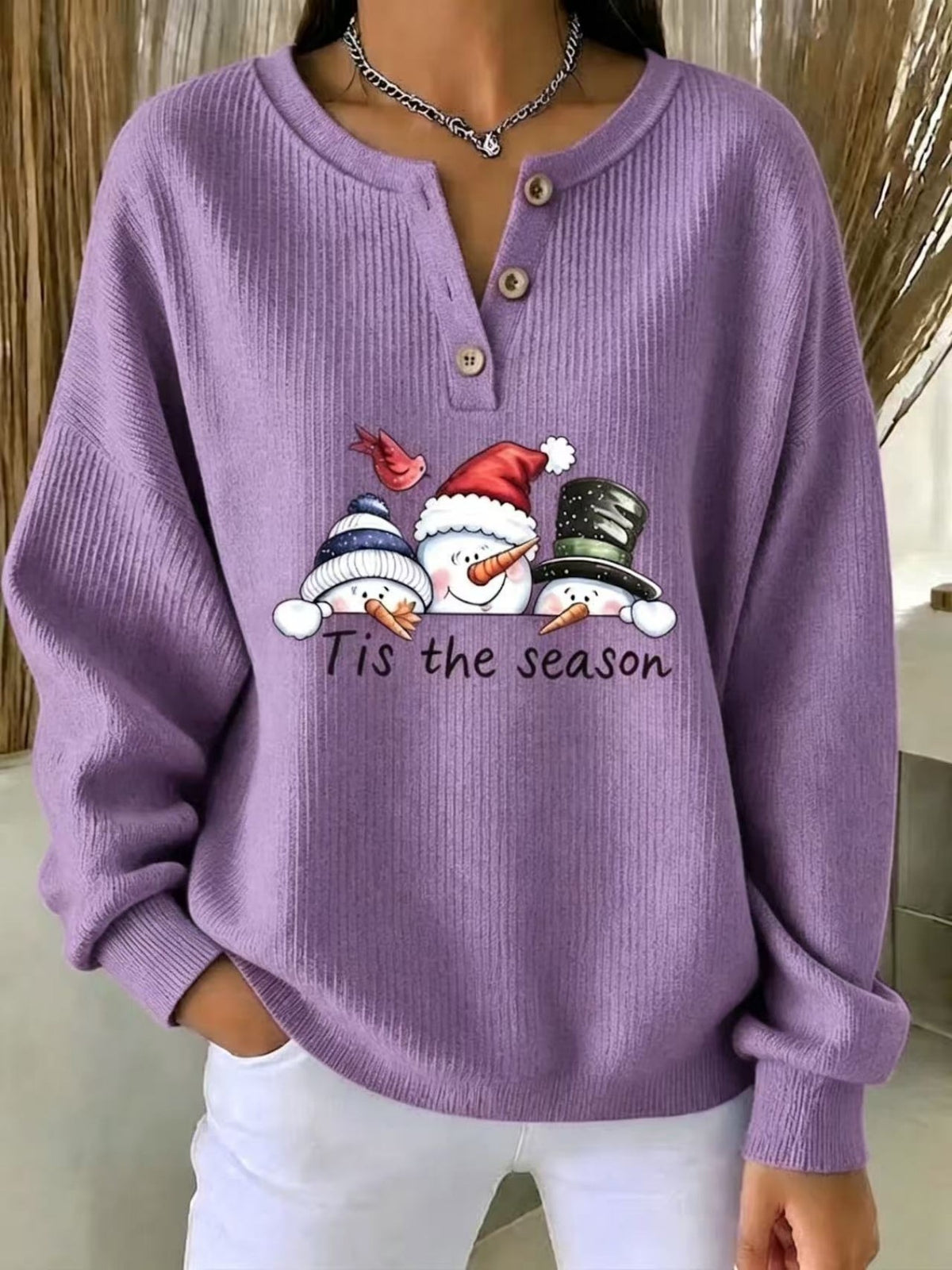 Christmas Themed Snowman Graphic Ribbed Henley Sweatshirt