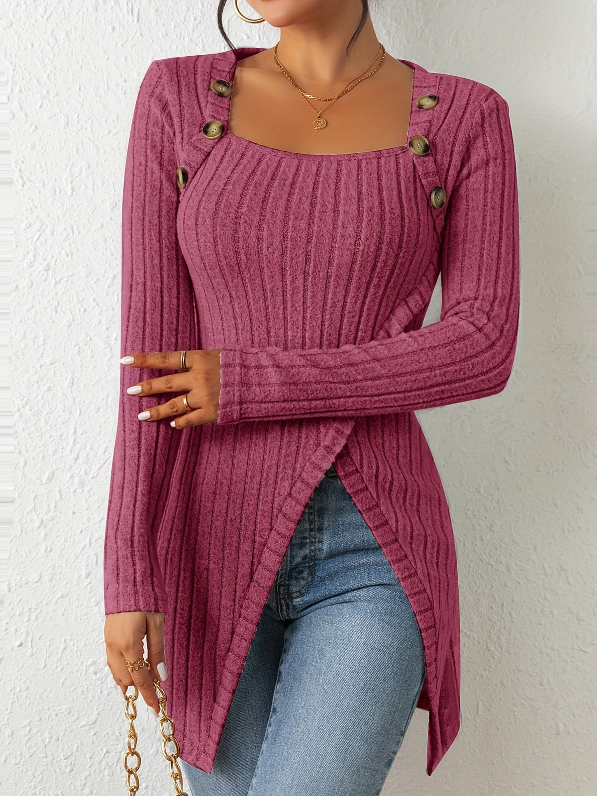 Button Decor Asymmetrical Hem T-Shirt, Casual Ribbed Long Sleeve Top