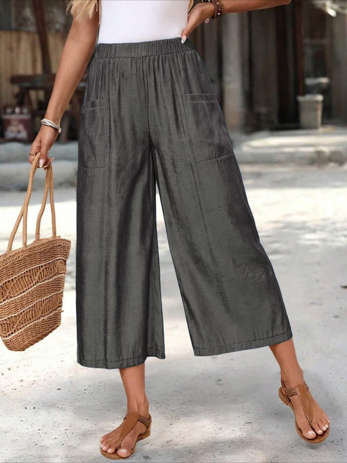 Solid Color Elastic Waist Y Casual Wide-Leg Ankle Pants