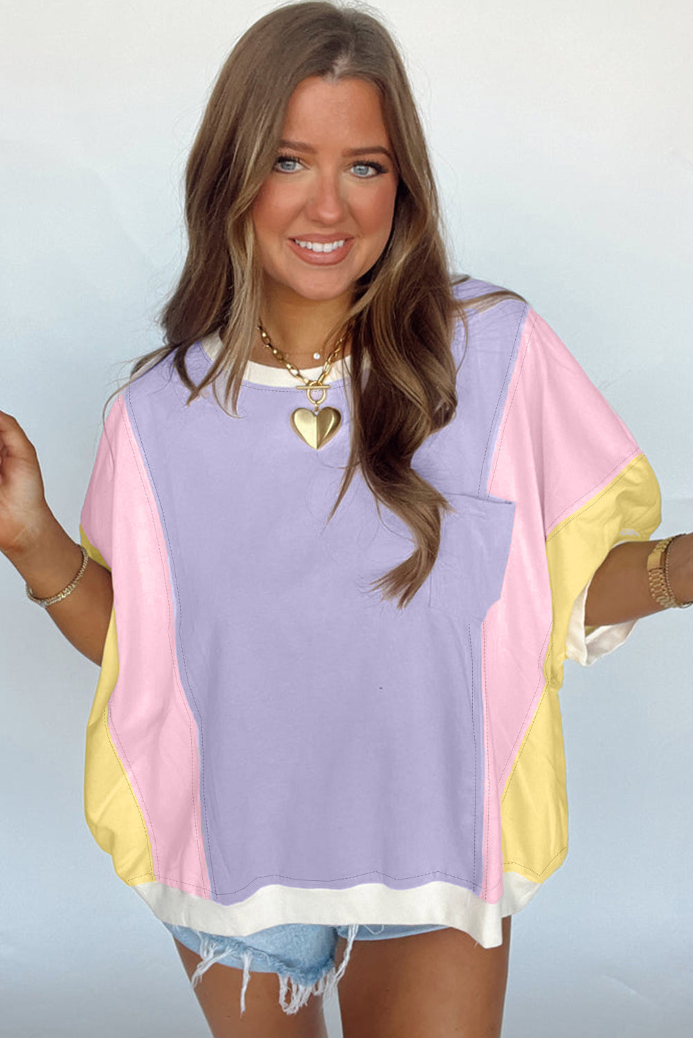 Purple Color Block Patchwork Half Sleeve Oversized T Shirt