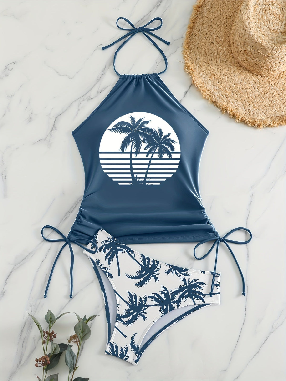 Coconut Tree Sunset Pattern Drawstring 2 Piece Set Swimsuit, Halter Tie Neck Backless Stretchy Low Waist Bathing Suit