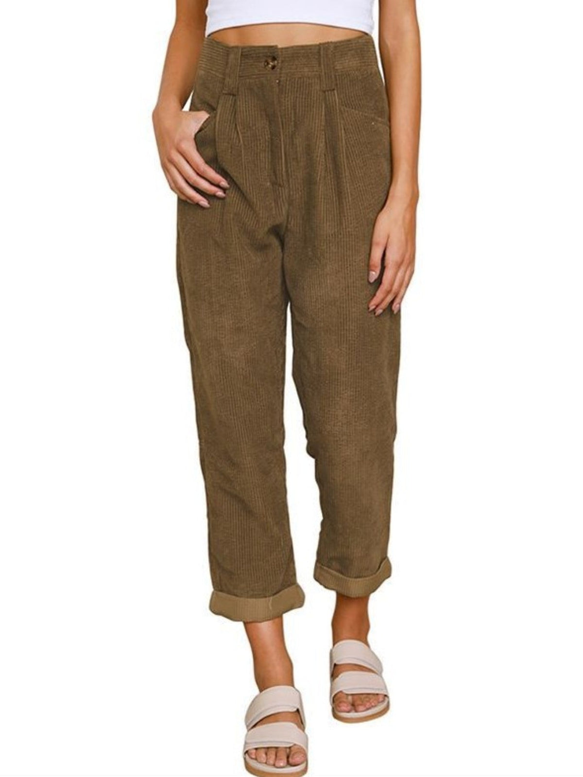 Women's High-Waist Corduroy Pants - Casual Solid Color, Loose Fit Straight Leg with Pockets