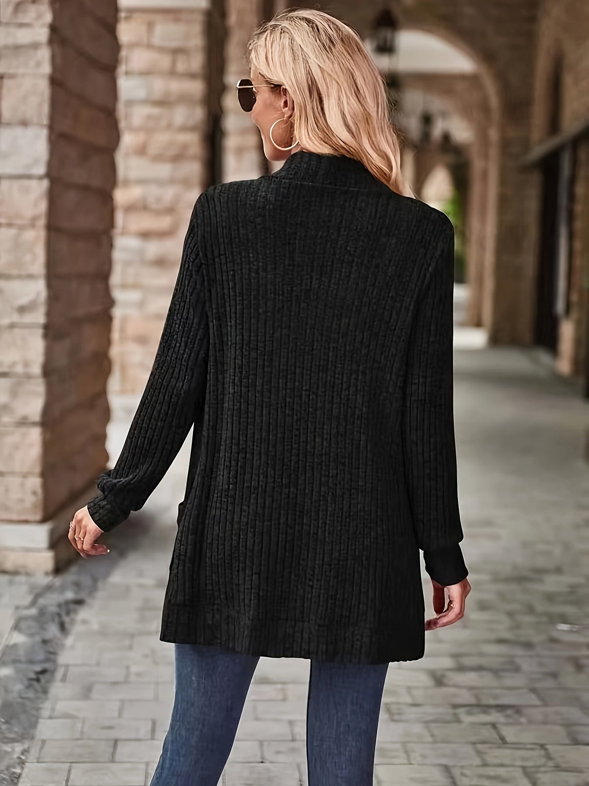 Solid Open Front Cardigan, Casual Long Sleeve Drop Shoulder Outwear