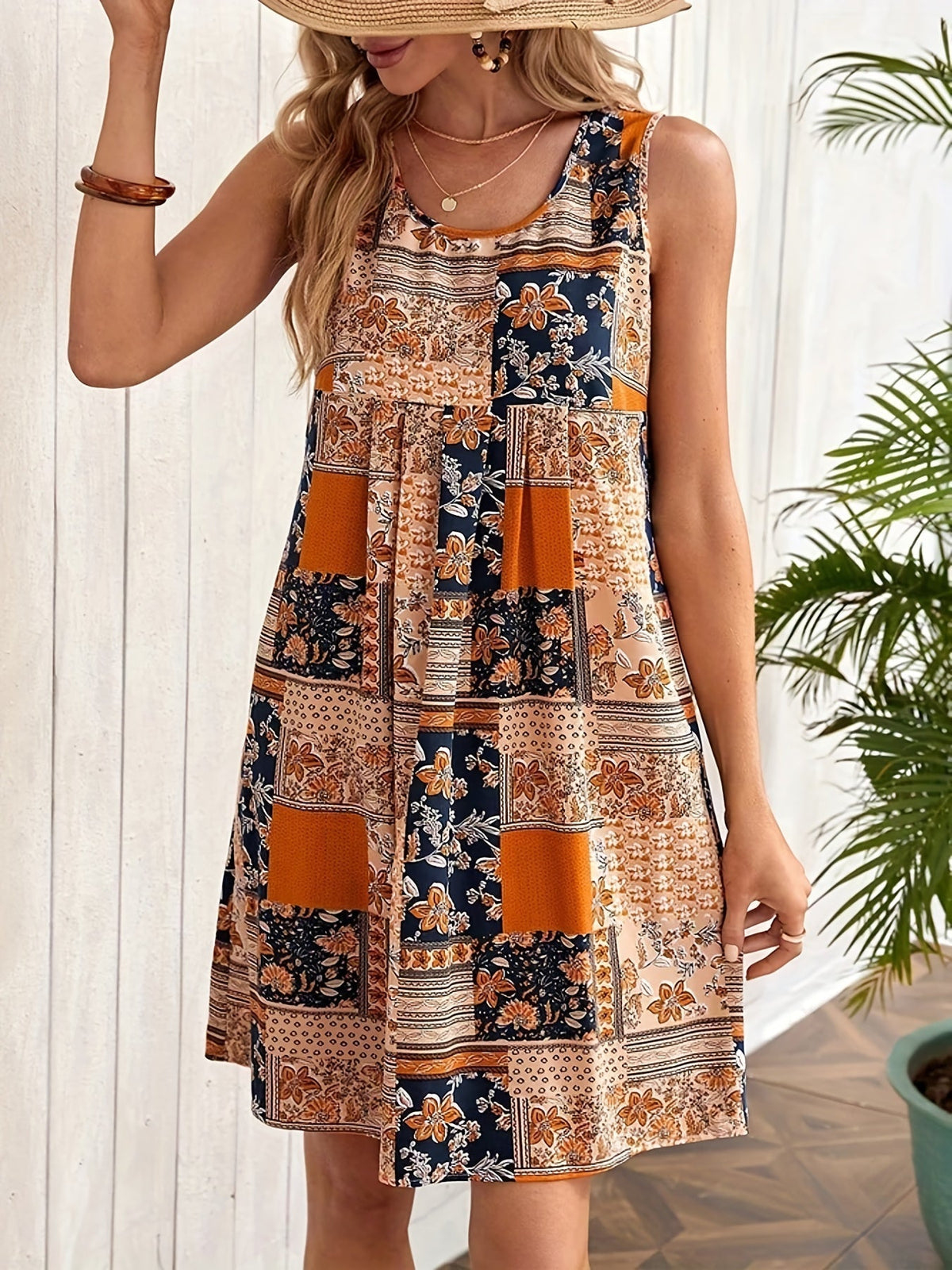 Floral Print Crew Neck Dress, Elegant Sleeveless Tank Dress