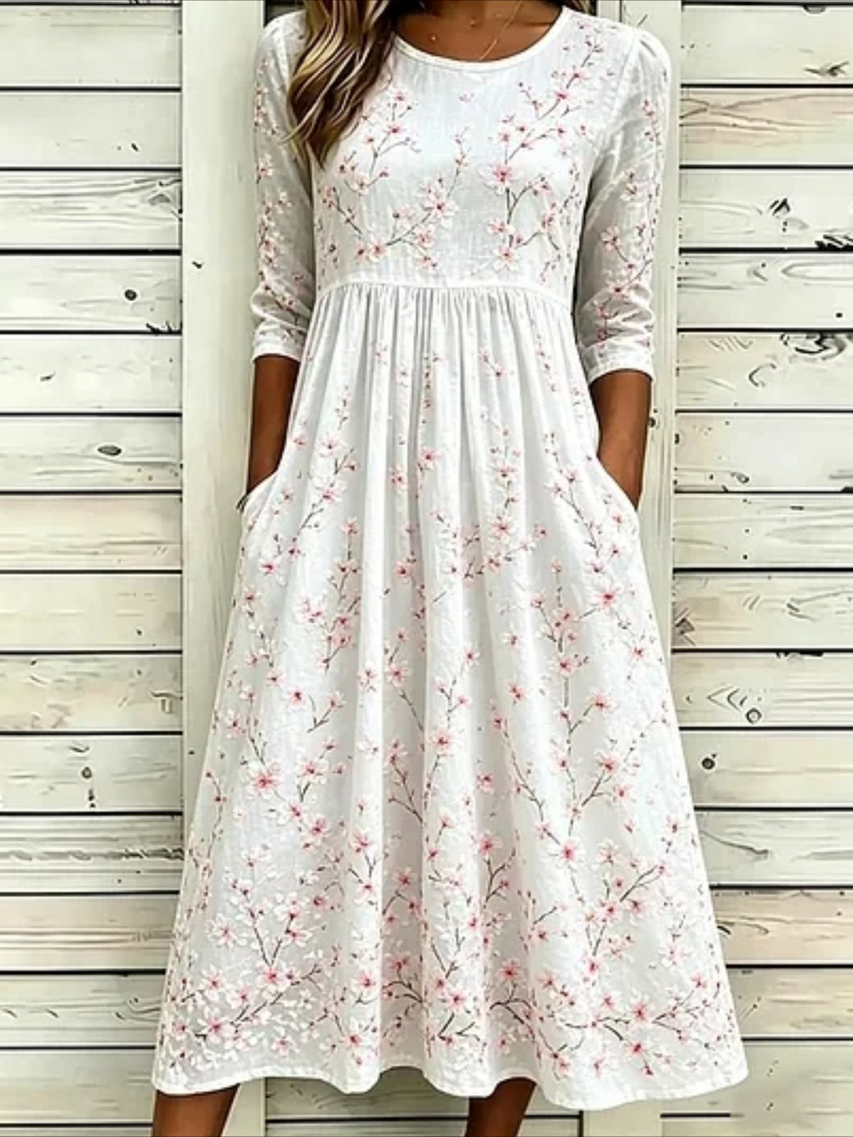 Flower Casual Round Neck Half Sleeve Mid Dress