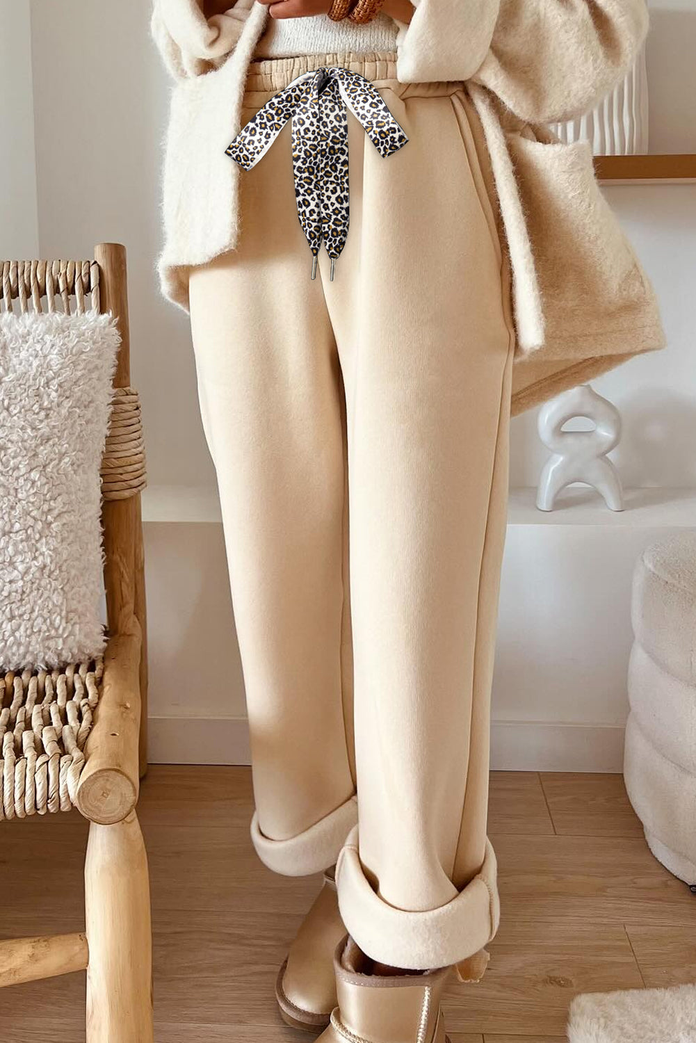 Oatmeal Fleece Lined Leopard Drawstring Elastic Waist Solid Pants