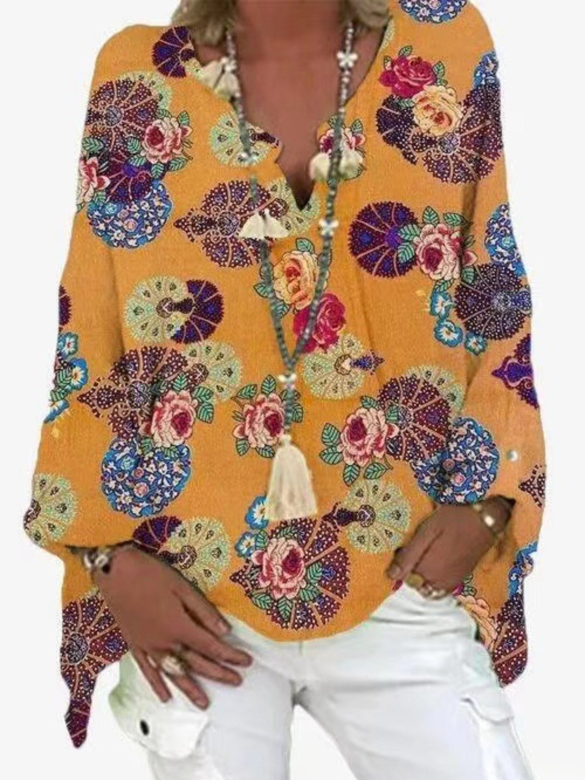 Women's Tile Print Long Sleeve Notched Neck Loose Fit T-shirt