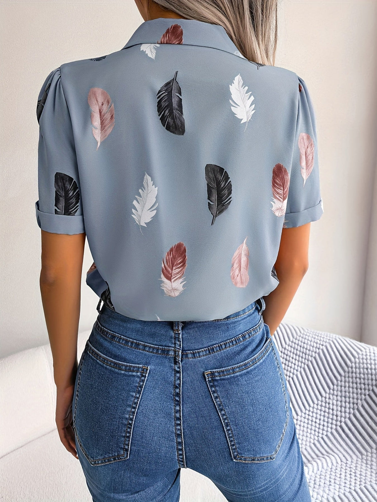 Feather Print Button Front Shirt, Casual Lapel Short Sleeve Shirt