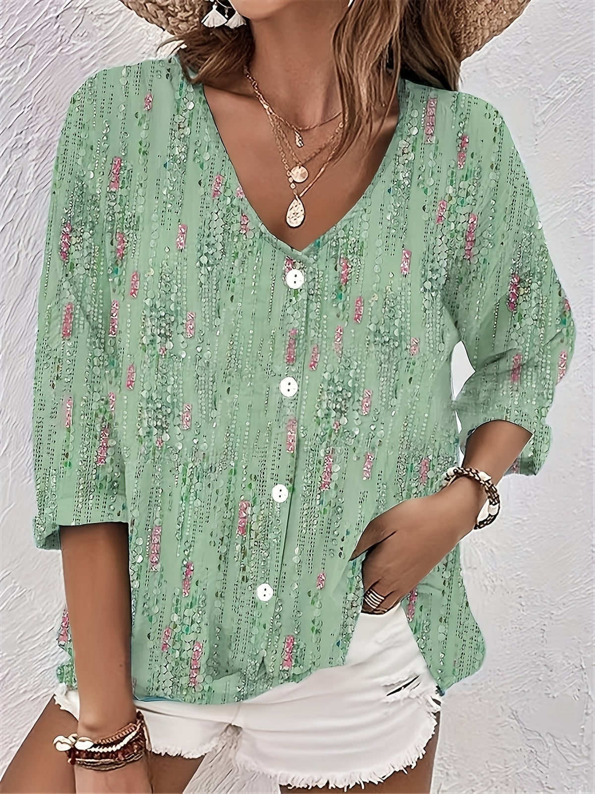 Women's Floral Print Button Up Half Sleeve V Neck Top