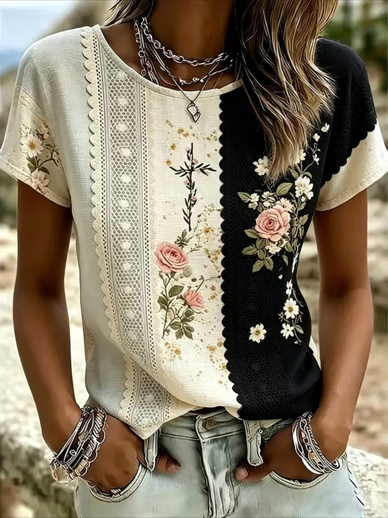 Floral Print Short Sleeve Crew Neck Top with Patchwork Blouse Style