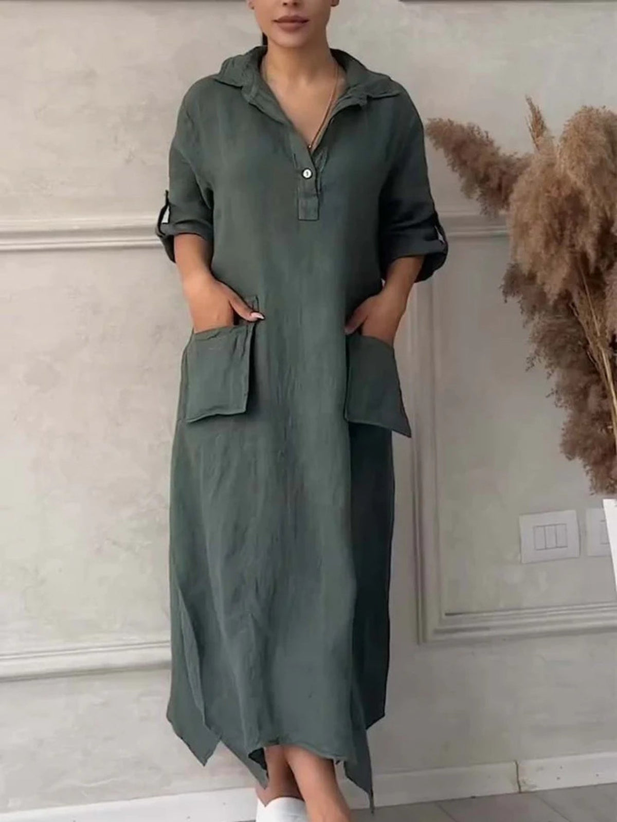Solid Color Casual Shawl Collar Plain Loose Dress