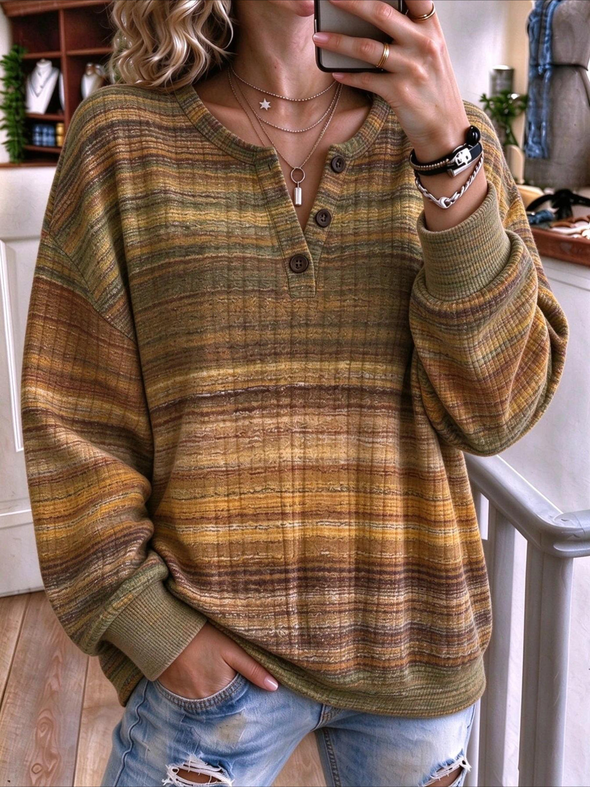 Abstract Regular Fit Casual Henley Collar Sweatshirt