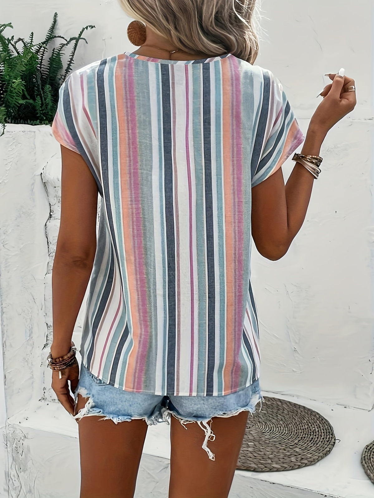 Chic Striped Print Blouse - Fashionable Button Front, Flattering V-Neck, Short Sleeves - Perfect Casual Wear