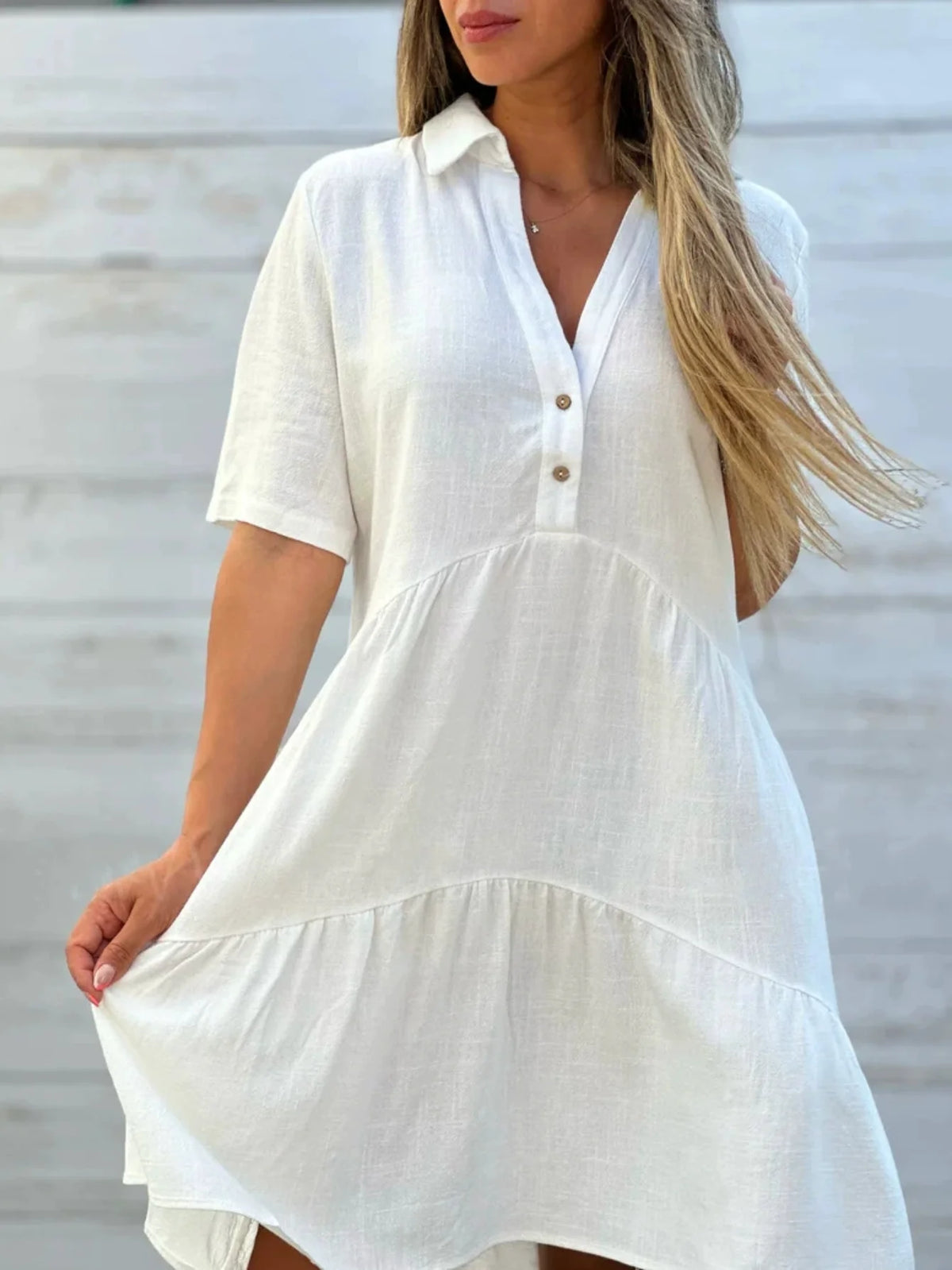 Linen Women's Summer Dress - Loose Fit, Short Sleeve, Lapel Collar, Button Front