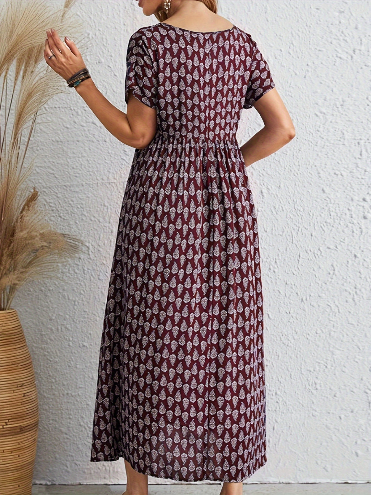 All Over Print Dress, Casual V Neck Short Sleeve Dress