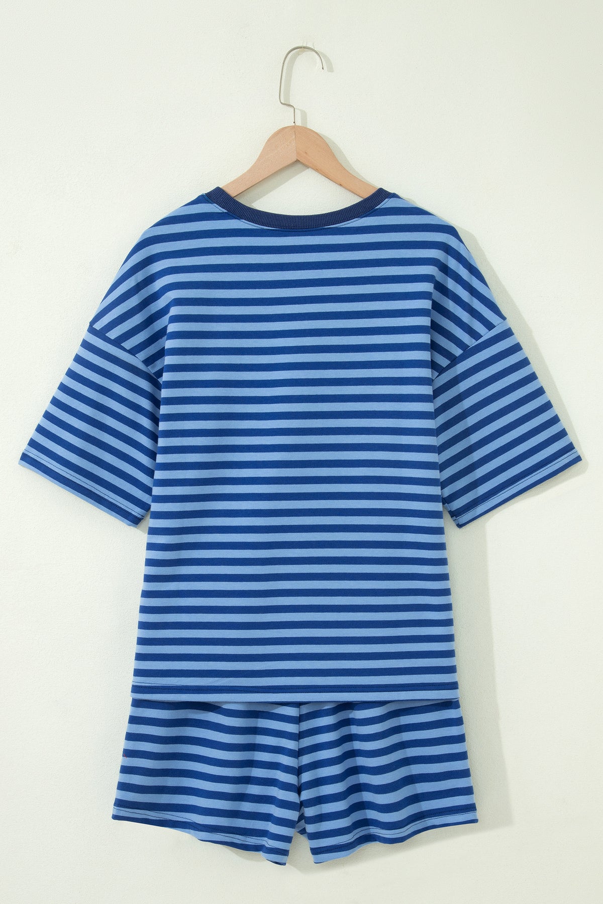 Blue Stripe Striped Ribbed Cotton Two-Piece Short Set with Chest Patch Detail