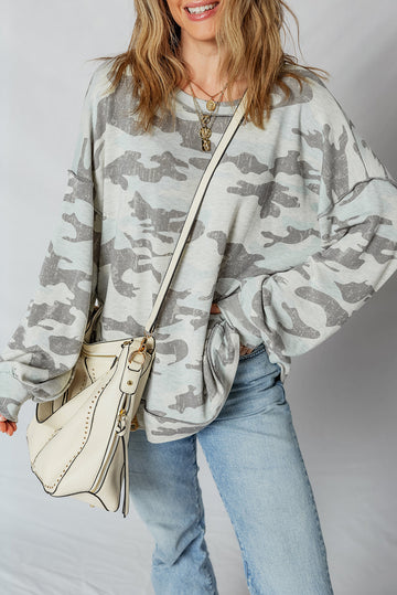 Multicolour Retro Camouflage Print Exposed Seam Patchwork Drop Shoulder Sweatshirt