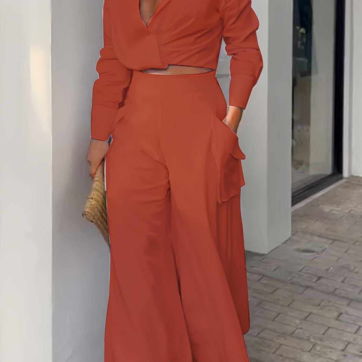 Women's Spring & Fall Loose Two-piece Set, Elegant Solid High Waist Pants And Long Sleeve Top