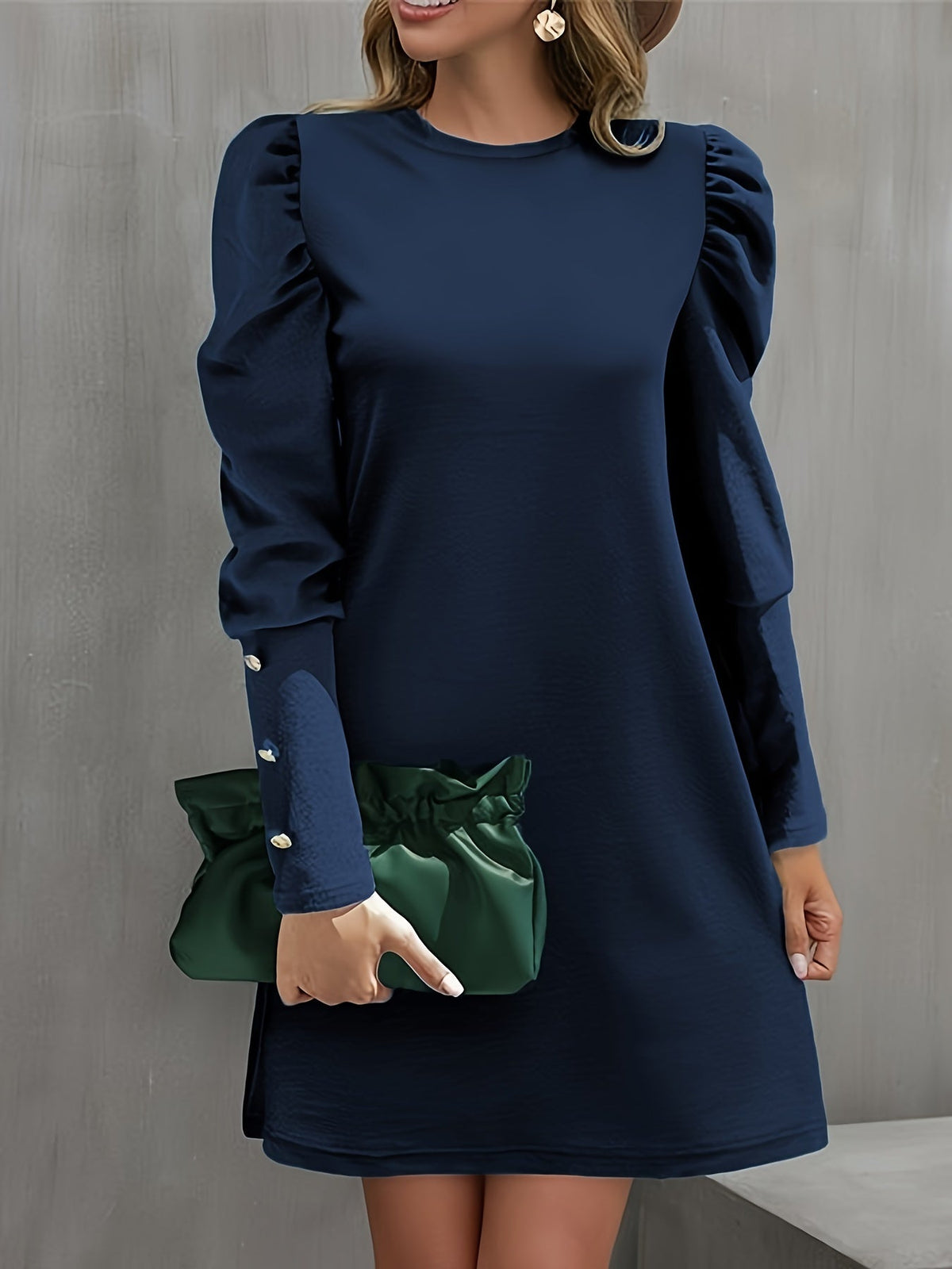 Solid Crew Neck Dress, Elegant Puff Sleeve Button Decor Dress