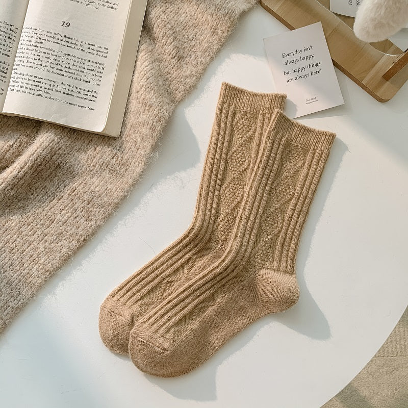 2/6 Pairs Thick & Warm Cream Color Socks, Retro Art Pattern Mid Tube Socks