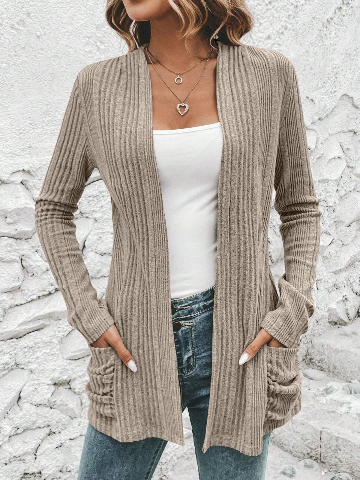 Solid Open Front Rib Knit Cardigan, Casual Long Sleeve Slim Cardigan With Pocket