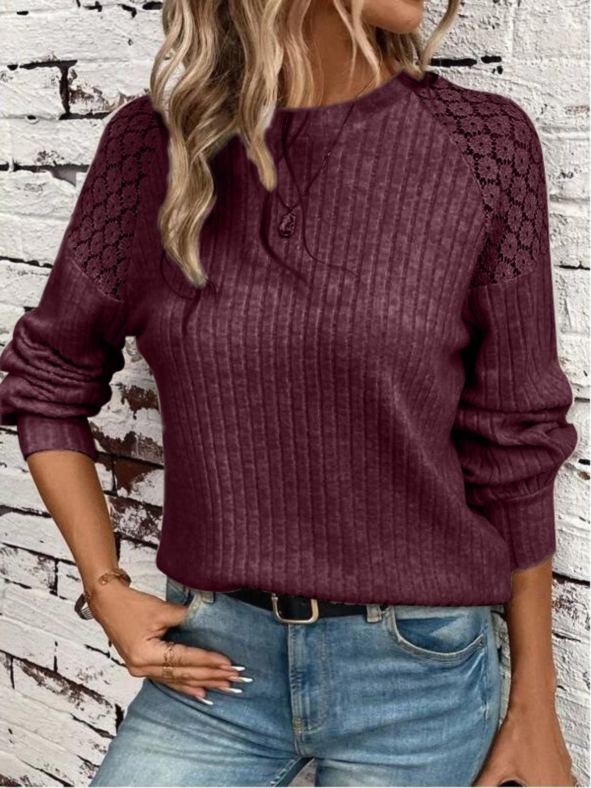 Lace Panel Ribbed Knit T-Shirt, Casual Crew Neck Long Sleeve T-Shirt