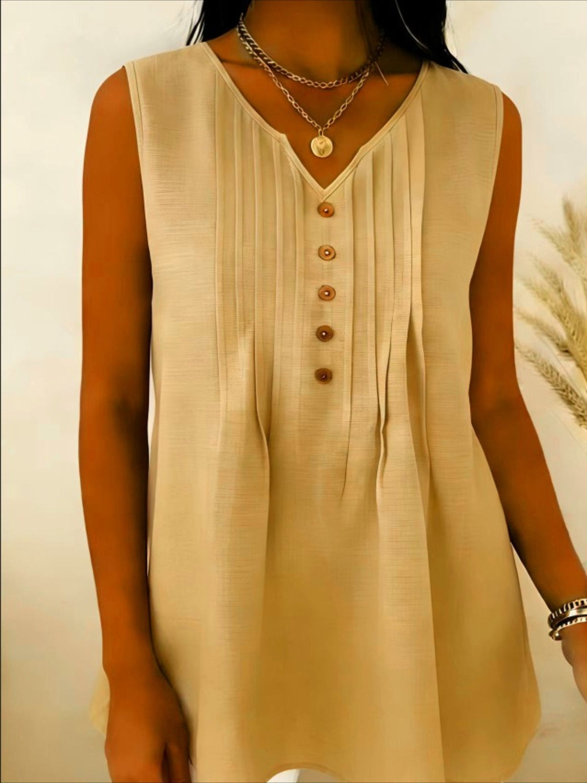 Elegant V Neck Sleeveless Button Summer Vacation Casual Tank Top