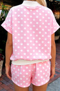 Pink Polka Dot Print Color Block Trim Mock Neck Short Set