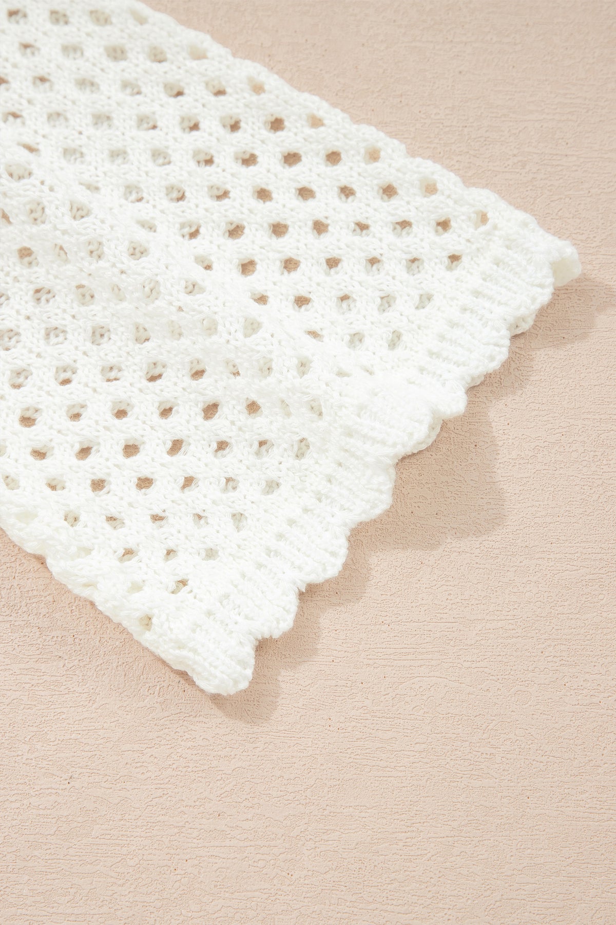White Scalloped Trim Hollow Out Knit Long Sleeve Top