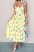 Yellow Floral Print Contrast Trim Self-tie Straps High Waist Midi Dress