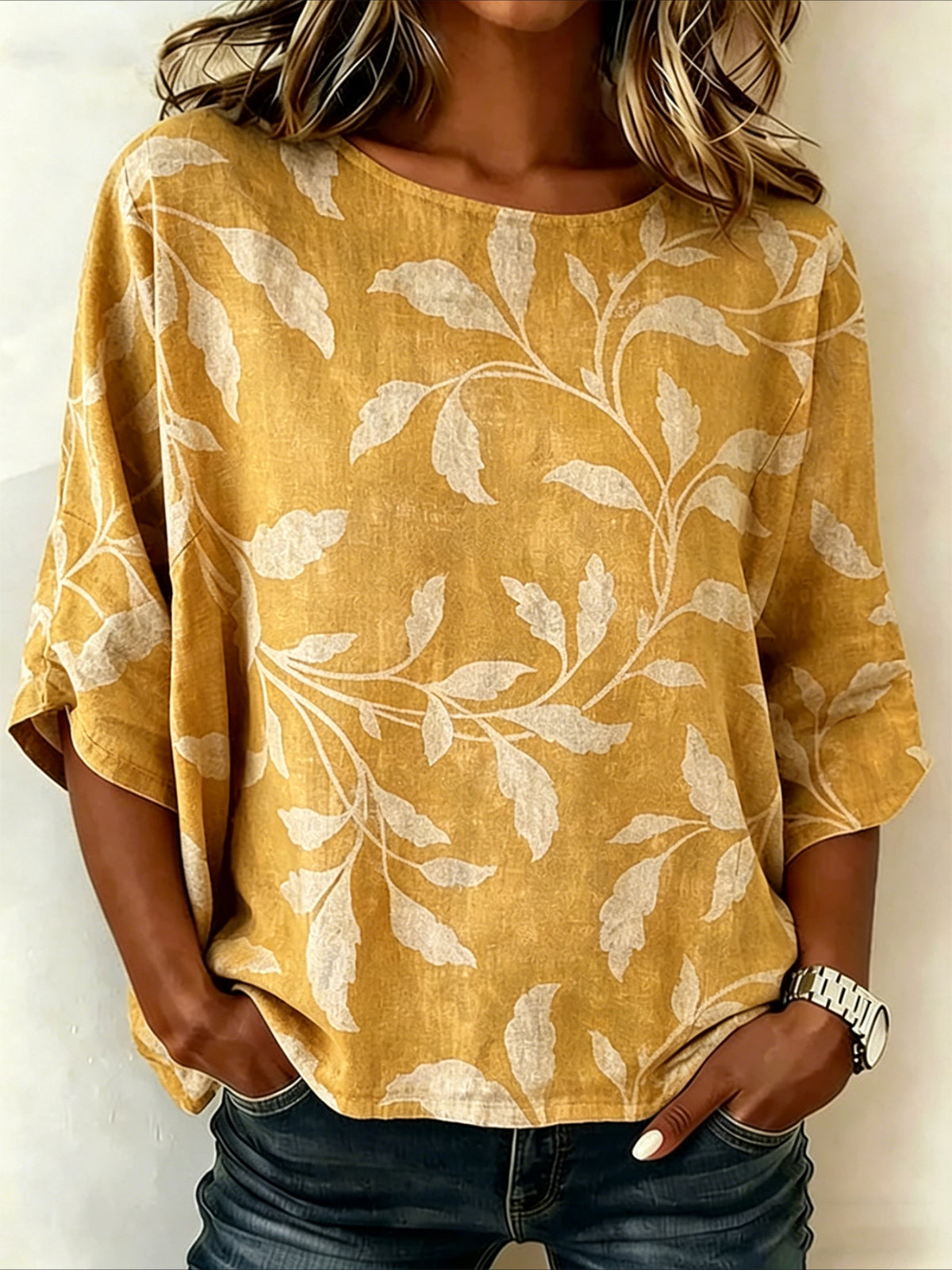 Leaf Prints Loose Cotton and Linen Vintage Shirt