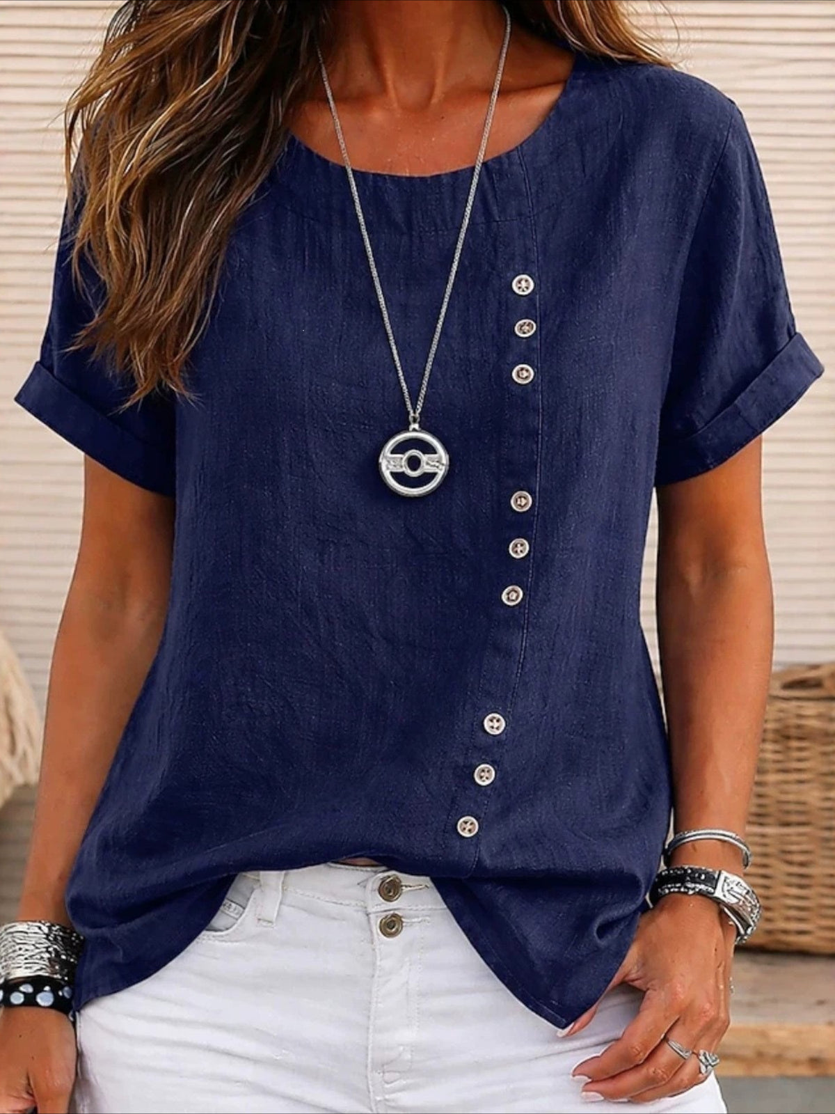 Cotton Linen TButtons Plain Fashion Stylish Classic Short Sleeve Crew Neck Regular Tops