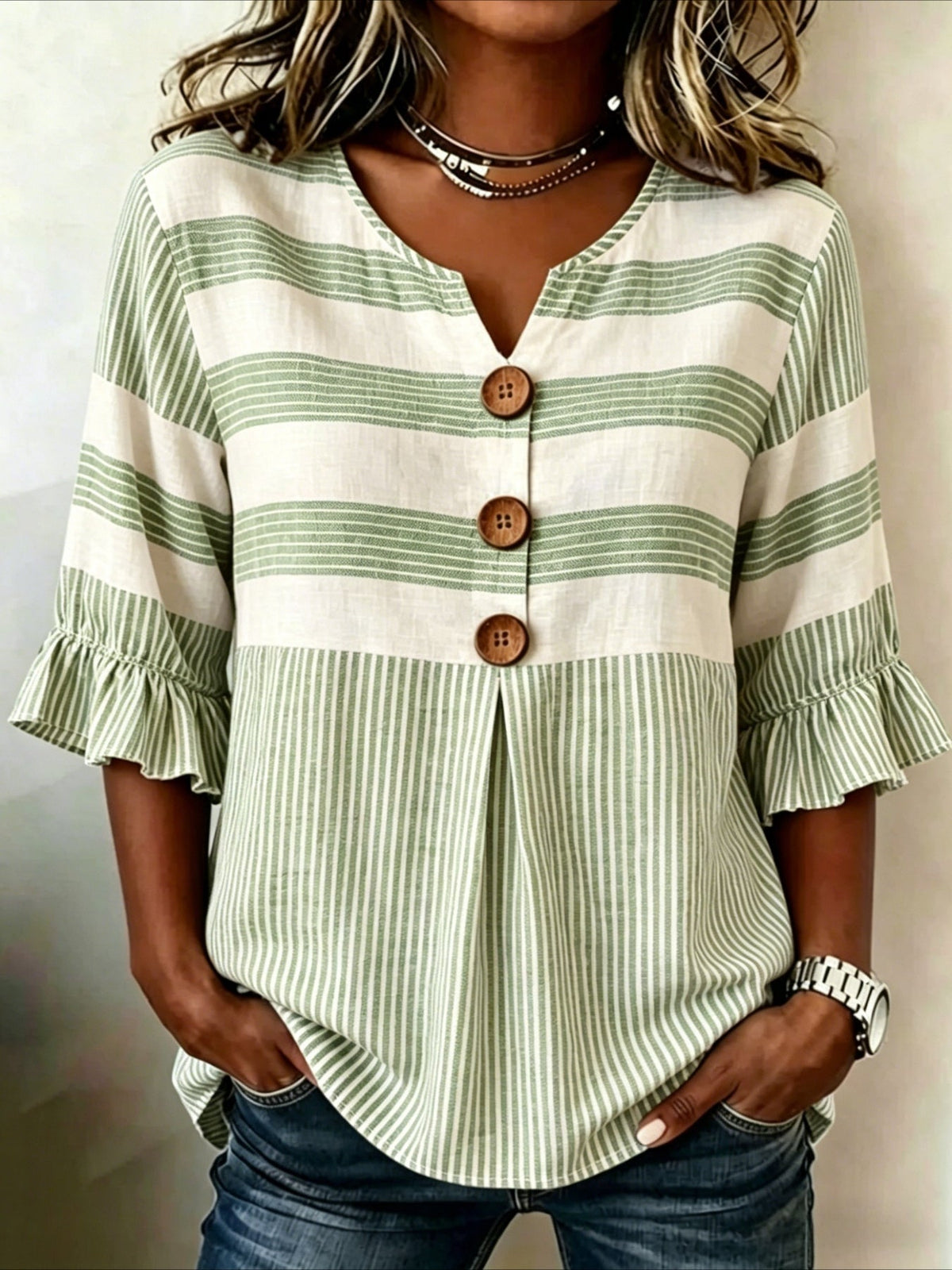 Striped Print V Neck Button Short Ruffle Sleeve Casual Top