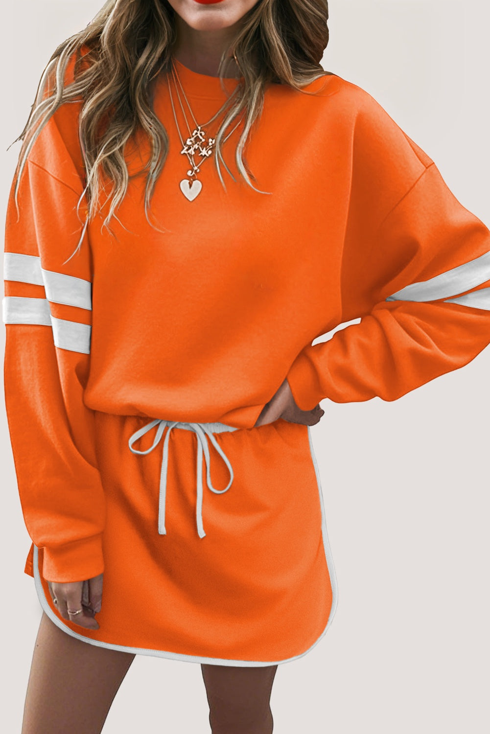 Orange Varsity Stripe Detail Drop Shoulder Pullover Mini Skirt Set