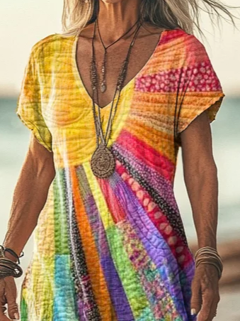 Colorful Sun Collage Art Print Short Sleeve Comfy Casual Maxi Dress